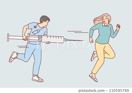 Cowardly woman suffers from Vaccinophobia and runs away from doctor with large syringe 110595789