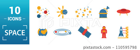 Space icon set. Include creative elements earth planet, stars, spaceship, spacemen, telescope icons. Can be used for report, presentation, diagram, web design 110595798