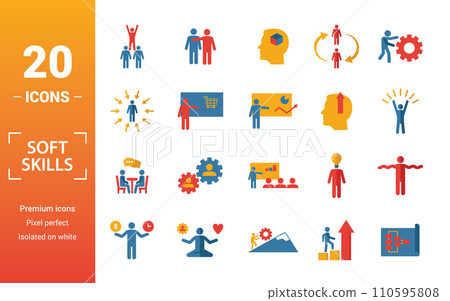 Soft Skills icon set. Include creative elements team spirit, personality, self-promotion, motivating, negotiation icons. Can be used for report, presentation, diagram, web design 110595808