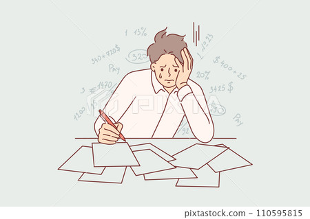 Bankrupt businessman is crying because of financial problems, sitting at table with tax documents  110595815