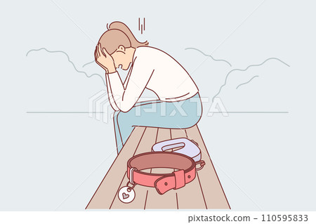 Woman who lost dog cries over loss of beloved pet, sits on bench with empty collar in public park Woman who lost dog cries over loss of beloved pet, sits on bench with empty collar in public park 110595833