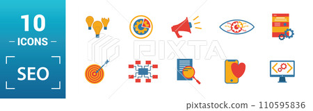 Seo icon set. Include creative elements search optimization, search result, right solution, code optimization, website optimization icons. Can be used for report, presentation, diagram, web design 110595836