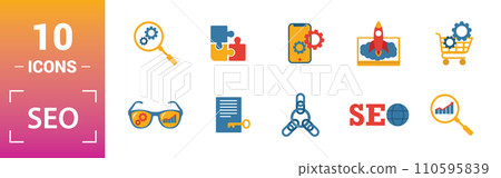 Seo icon set. Include creative elements search optimization, search result, right solution, code optimization, website optimization icons. Can be used for report, presentation, diagram, web design Seo icon set. Include creative elements search optimization, search result, right solution, code optimization, website optimization icons. Can be used for report, presentation, diagram, web design 110595839