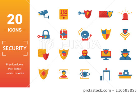 Security icon set. Include creative elements security camera, deffense, lock, protection, data protection icons. Can be used for report, presentation, diagram, web design 110595853
