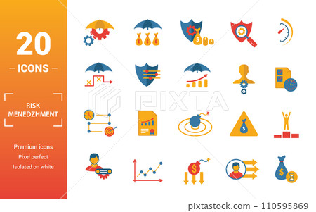 Risk Management icon set. Include creative elements risk management, risk capital, risk plan, project manager, project timeline icons. Can be used for report, presentation, diagram, web design 110595869