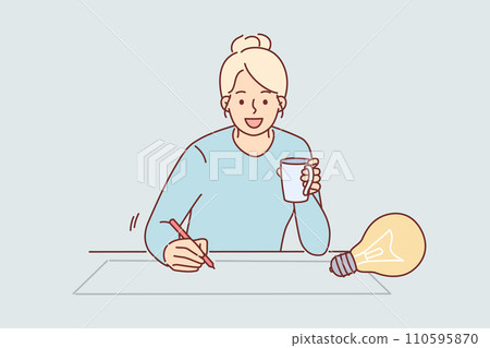 Woman designer draws idea for architectural project on paper, sitting at table with cup of coffee 110595870