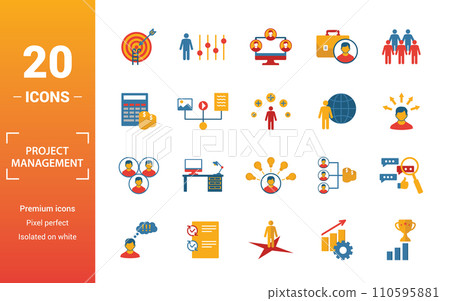 Project Management icon set. Include creative elements goal seeking, virtual team, budget, global management, team cohesion icons. Can be used for report, presentation, diagram, web design Project Management icon set. Include creative elements goal seeking, virtual team, budget, global management, team cohesion icons. Can be used for report, presentation, diagram, web design 110595881