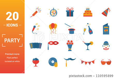 Party Icon icon set. Include creative elements flapper with confetti, gift, karaoke, champagne, harmonic icons. Can be used for report, presentation, diagram, web design Party Icon icon set. Include creative elements flapper with confetti, gift, karaoke, champagne, harmonic icons. Can be used for report, presentation, diagram, web design 110595899
