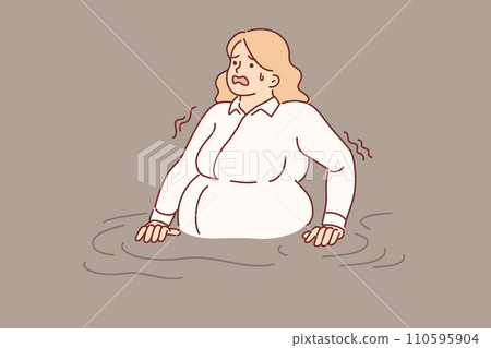 Business woman drowning in water needs help, symbolizing overload at work and lack of prospects 110595904