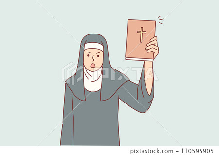 Woman nun from church shows holy bible in shock and swears because of violations of rules of conduct 110595905