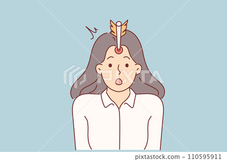 Business woman with arrow in forehead became target of advertising company promoting services Business woman with arrow in forehead became target of advertising company promoting services 110595911