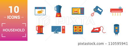Household icon set. Include creative elements home fridge, electric hob, fan, dishwasher, double boiler icons. Can be used for report, presentation, diagram, web design Household icon set. Include creative elements home fridge, electric hob, fan, dishwasher, double boiler icons. Can be used for report, presentation, diagram, web design 110595941