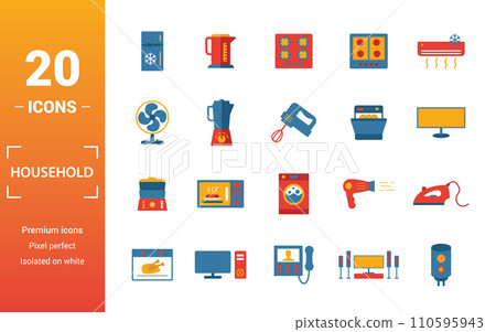 Household icon set. Include creative elements home fridge, electric hob, fan, dishwasher, double boiler icons. Can be used for report, presentation, diagram, web design Household icon set. Include creative elements home fridge, electric hob, fan, dishwasher, double boiler icons. Can be used for report, presentation, diagram, web design 110595943