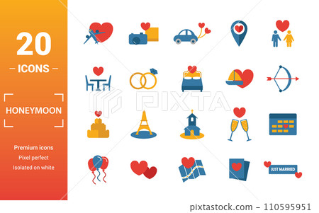 Honeymoon icon set. Include creative elements travel, just married, dinner, boar trip, cake icons. Can be used for report, presentation, diagram, web design 110595951
