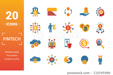 Fintech icon set. Include creative elements online banking, direct payment, fintech, cryptocurrency, fintech industry icons. Can be used for report, presentation, diagram, web design 110595990