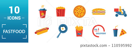 Fastfood icon set. Include creative elements burger, drink with a straw, donuts, chicken leg, delivery icons. Can be used for report, presentation, diagram, web design Fastfood icon set. Include creative elements burger, drink with a straw, donuts, chicken leg, delivery icons. Can be used for report, presentation, diagram, web design 110595992