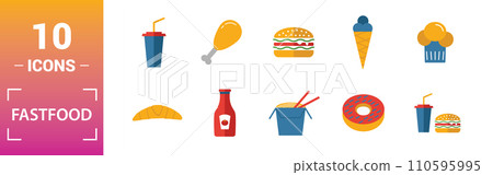 Fastfood icon set. Include creative elements burger, drink with a straw, donuts, chicken leg, delivery icons. Can be used for report, presentation, diagram, web design Fastfood icon set. Include creative elements burger, drink with a straw, donuts, chicken leg, delivery icons. Can be used for report, presentation, diagram, web design 110595995