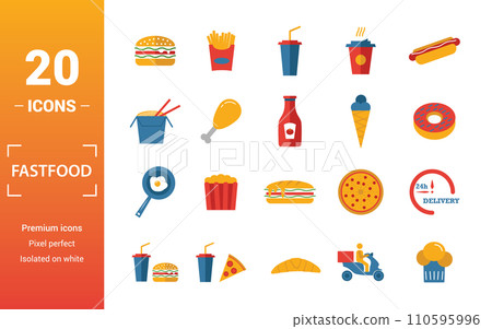 Fastfood icon set. Include creative elements burger, drink with a straw, donuts, chicken leg, delivery icons. Can be used for report, presentation, diagram, web design Fastfood icon set. Include creative elements burger, drink with a straw, donuts, chicken leg, delivery icons. Can be used for report, presentation, diagram, web design 110595996