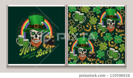 St Patricks Day label, pattern with rainbow arc, skull with red beard in tall hat, green beer, pot with gold. Text More money for green beer. For prints, t shirt, holiday design. Vintage style 110596038