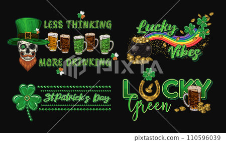 St Patricks Day horizontal Labels with holiday objects, text on black background. Skull, beer, pot with golden coins. For clothing, apparel, T-shirts, holiday stuff, goods decoration Vintage style 110596039