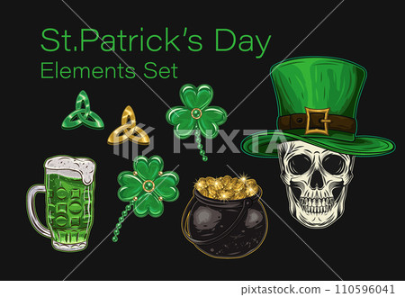 Set, clip art of design elements for St Patricks day in vintage style. Jewelry charms clover, shamrock, triskele, pot full of golden coins, green beer. Human skull in tall top hat. Set, clip art of design elements for St Patricks day in vintage style. Jewelry charms clover, shamrock, triskele, pot full of golden coins, green beer. Human skull in tall top hat. 110596041