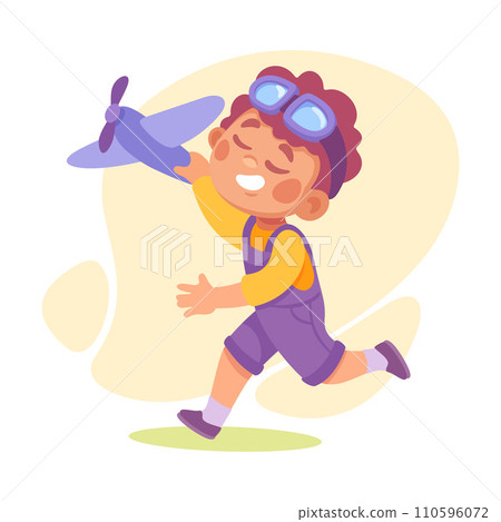 Joyful Boy Dream of Flying Play Plane Toy Vector Illustration Joyful Boy Dream of Flying Play Plane Toy Vector Illustration 110596072