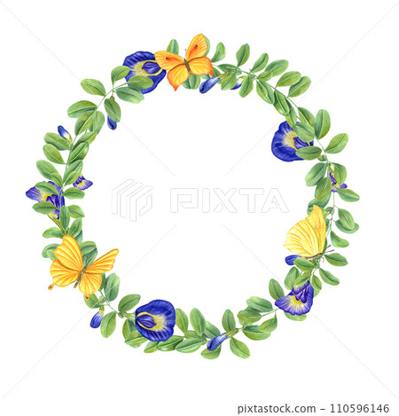 Wreath of blue wisteria and yellow butterflies. Clitoria ternatea, Fluttering lepidoptera. Green leaves, flowers, buds. Blooming branches of Asian plant. Butterfly pea flower. Watercolor illustration. Wreath of blue wisteria and yellow butterflies. Clitoria ternatea, Fluttering lepidoptera. Green leaves, flowers, buds. Blooming branches of Asian plant. Butterfly pea flower. Watercolor illustration. 110596146