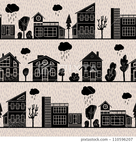 Domestic home and trees hand carved linocut seamless pattern on rainy background. Domestic home and trees hand carved linocut seamless pattern on rainy background. 110596207