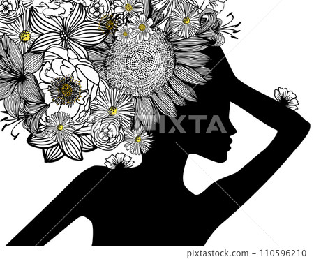 Silhouette monochrome of a girl on her head with flowers. hand drawing. Not AI, Vector illustration 110596210