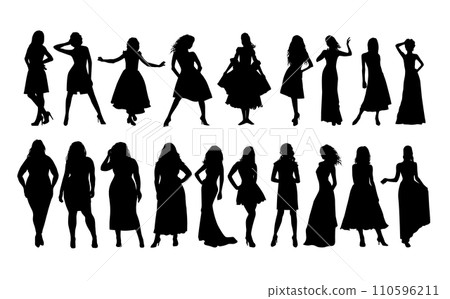 Silhouettes of girls in evening dresses. hand drawing. Not AI, Vector illustration 110596211
