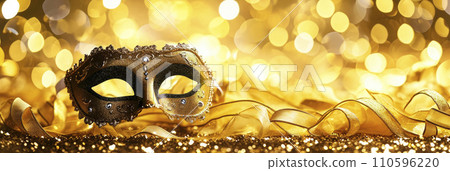 Carnival party background.Venetian mask on yellow glitter background. Copy space 110596220