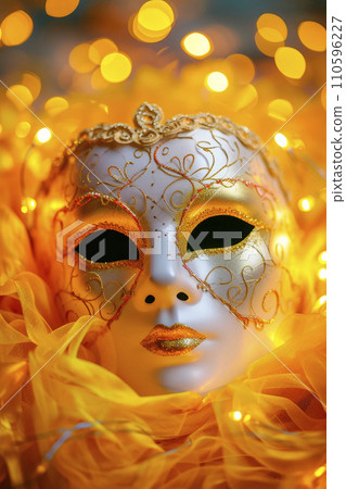 Carnival party background.Venetian mask on yellow glitter background. Copy space Carnival party background.Venetian mask on yellow glitter background. Copy space 110596227