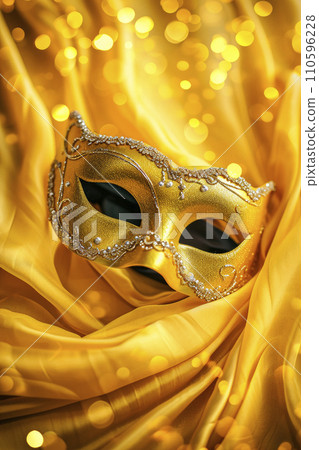 Carnival party background.Venetian mask on yellow glitter background. Copy space Carnival party background.Venetian mask on yellow glitter background. Copy space 110596228