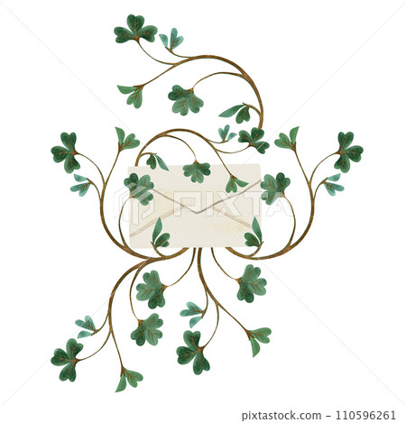 White paper mailing envelope with green four leaf clover for St. Patrick's Day invitation entangled with shamrock clover. Isolated watercolor illustration on white background. Clipart. White paper mailing envelope with green four leaf clover for St. Patrick's Day invitation entangled with shamrock clover. Isolated watercolor illustration on white background. Clipart. 110596261