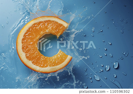 AI-generated content. Concept Vitamin C, antioxidant protection and skin care. Letter C made of orange with transparent splashes on a blue background. Copy space 110596302