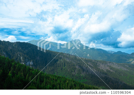 Mountain panorama of the Tatra Mountains from Kasprowy Wierch (Kasper Peak) on a summer day in Poland 110596304