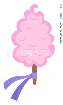 Vector pink cotton candy on stick decorated with purple band. Fairytale themed birthday dessert. Cute magic candy bar design element. Sweet caramel icon 110596335