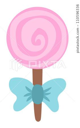 Vector pink lollypop on stick decorated with blue bow. Fairytale themed birthday dessert. Cute magic candy bar design element. Sweet caramel icon 110596336