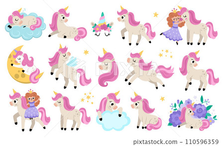 Vector unicorn set. Fantasy animal collection with yellow horn and pink mane. Fairytale horse character sitting, running, hugging with fairy, sleeping. Cartoon magic creature icons for kids Vector unicorn set. Fantasy animal collection with yellow horn and pink mane. Fairytale horse character sitting, running, hugging with fairy, sleeping. Cartoon magic creature icons for kids 110596359