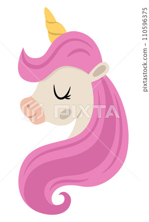 Vector unicorn head with yellow horn and pink mane. Fantasy animal rainbow with closed eyes. Fairytale horse character for kids. Cartoon magic creature icon isolated on white background Vector unicorn head with yellow horn and pink mane. Fantasy animal rainbow with closed eyes. Fairytale horse character for kids. Cartoon magic creature icon isolated on white background 110596375