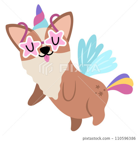 Vector happy corgi dog unicorn. Fantasy animal with rainbow horn and tail, flowers on head, wings, stars. Fairytale character for kids. Cartoon magic creature icon isolated on white background 110596386