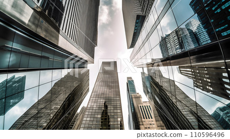 AI-generated content. A low-angle view of a citys skyscrapers from the ground level in upward direction, neural network generated image 110596496
