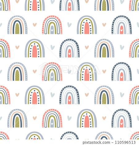 Delicate naive seamless vector pattern with cute rainbows and hearts on a white background. 110596513