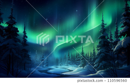 AI-generated content. Winter night landscape, northern lights, aurora borealis, forest illustration 110596560