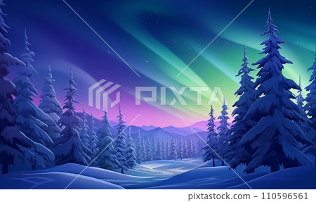 AI-generated content. Winter night landscape, northern lights, aurora borealis, forest illustration 110596561