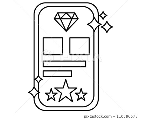 Exclusive benefits icon black and white - application on phone with diamond and stars. 110596575