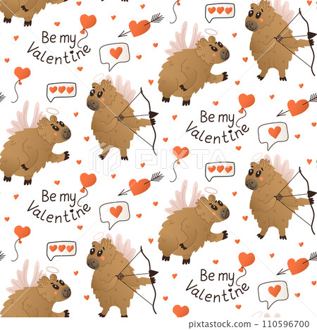 Valentines seamless pattern with capybara as angel. St Valentines day concept. Cute flat animal cartoon characters with nimbus, bow and arrow. St Valentines day concept pattern on white background 110596700