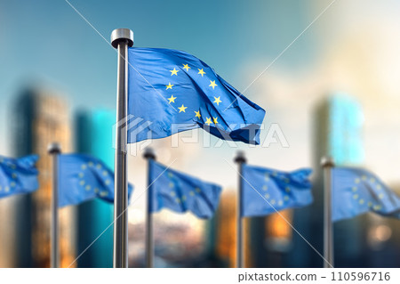 Flag of European Union on a blurred modern city backgroud 110596716