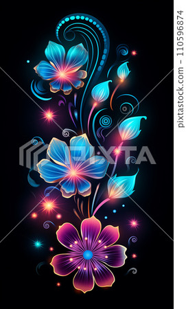 AI-generated content. Digital futuristic flower wallpaper, neon light glow blossom illustration AI-generated content. Digital futuristic flower wallpaper, neon light glow blossom illustration 110596874
