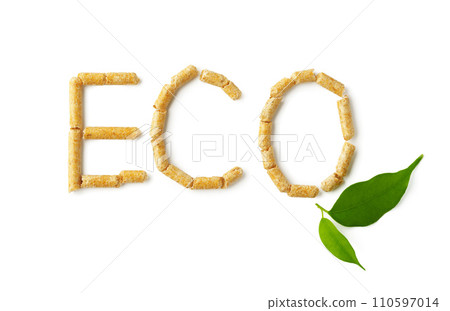 Wood pellets formed in word 'ECO' isolated on white background Wood pellets formed in word 'ECO' isolated on white background 110597014